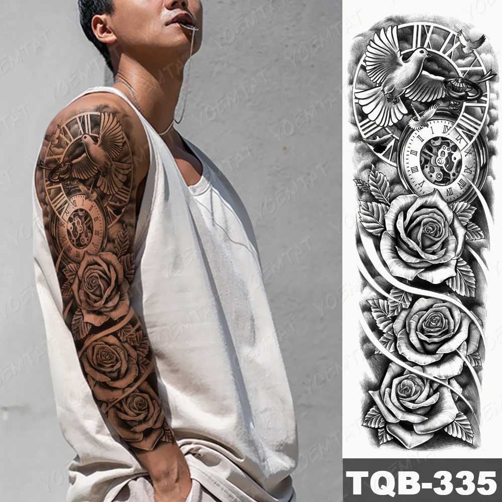 Large Full Sleeve Waterproof Temporary Tattoo Stickers Clock Rose Pigeon Bird Totem Fake Tattoo Body Art Mens Legs W250410