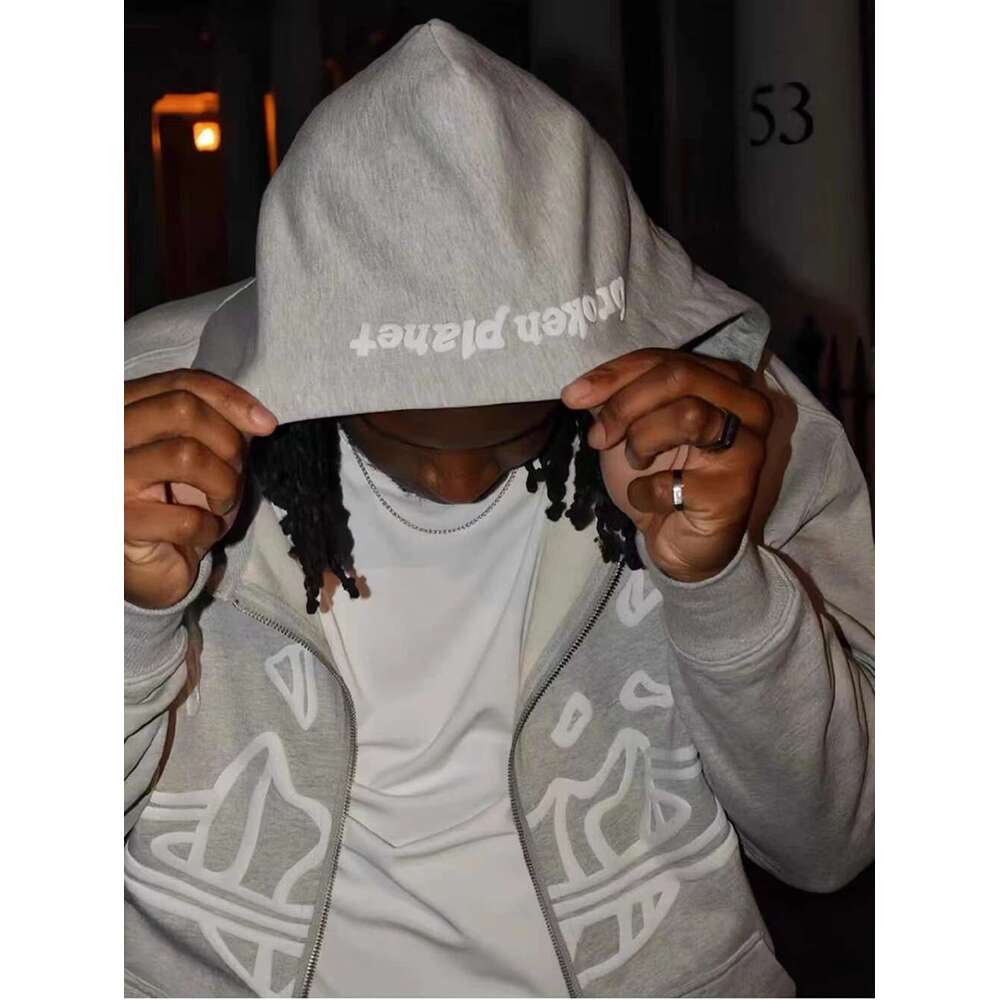 Yao Fashion Broken Brand Foam Print Zipper Casual Streetwear Tops Clothing Oversize Hooded Fleece Vintage Jacket Coat For Men