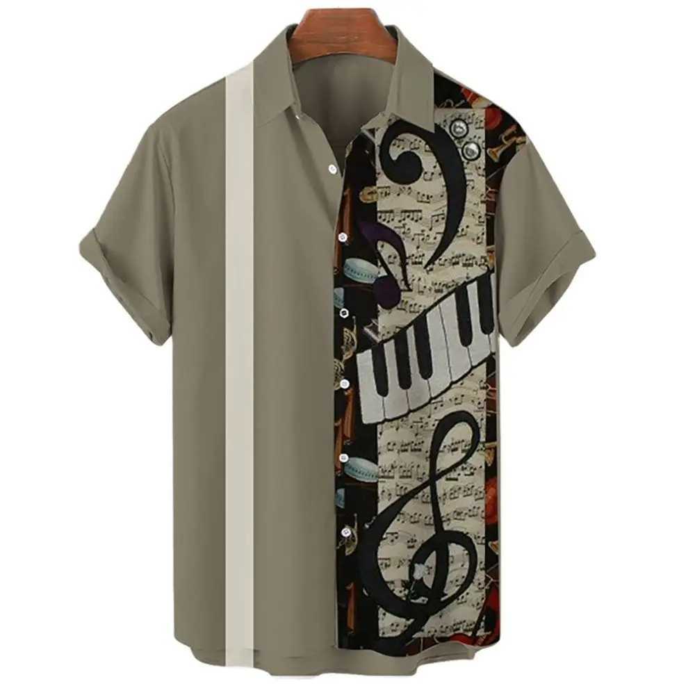 Mens Hawaiian mens casual musical instrument 3D printed loose short sleeved beach top Camisia Homme X250410