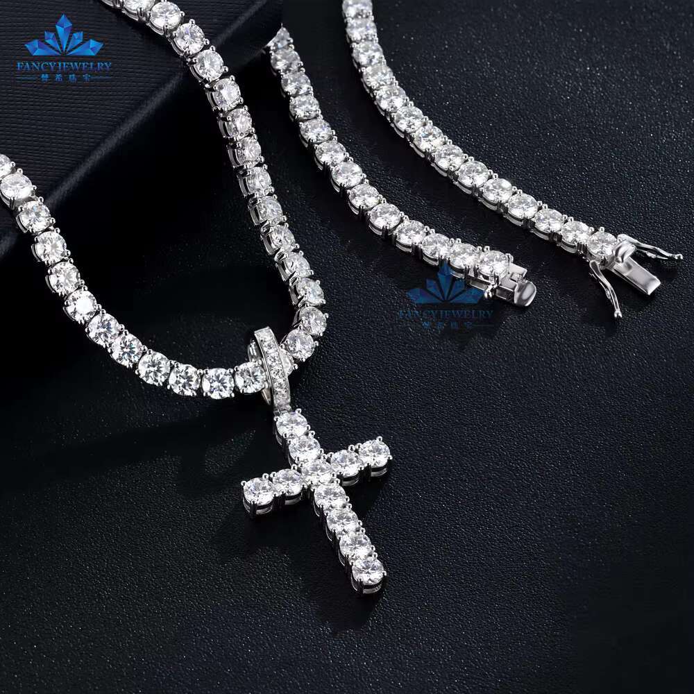 Hip Hop Jewelry Custom Diamonds Necklace Pendant 925 Sterling Silver Iced Out 5.0mm VVS Moissanite Cross Pendant Tennis Chain