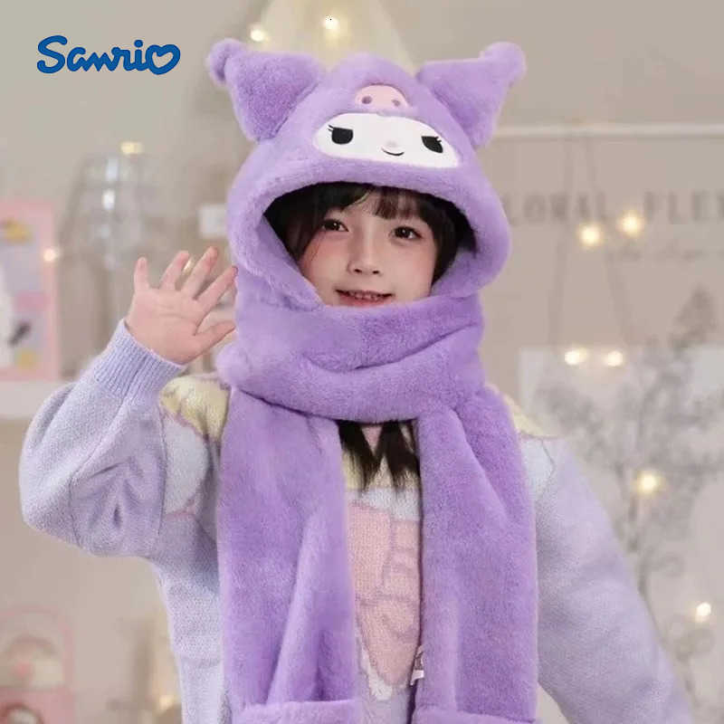 Sanrio Cute Kuromi Anime Childrencinnamorol Winter Windproof Hat Scarf Three Piece Set Cartoon Girl Comfortable Plush Warm Scarf H251110