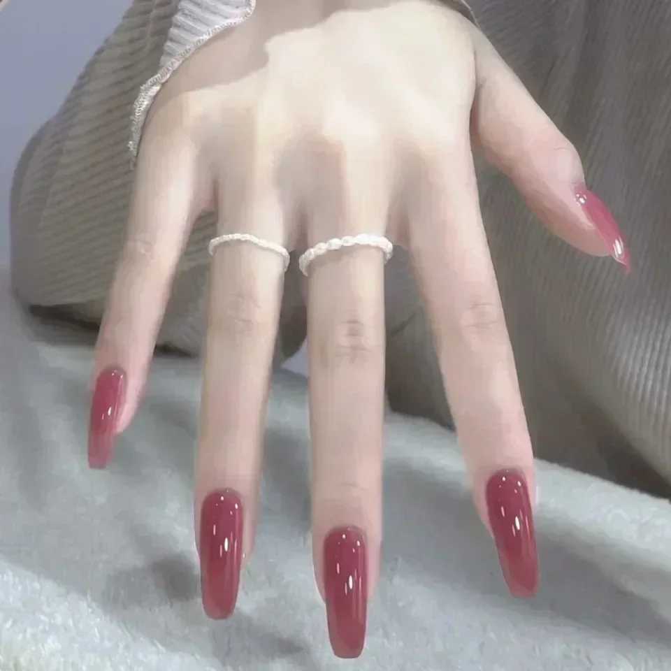 24 pieces/box long coffin fake nail art roses with glue wearable nude pink white jelly nail tips fully covered pressed nails W250410