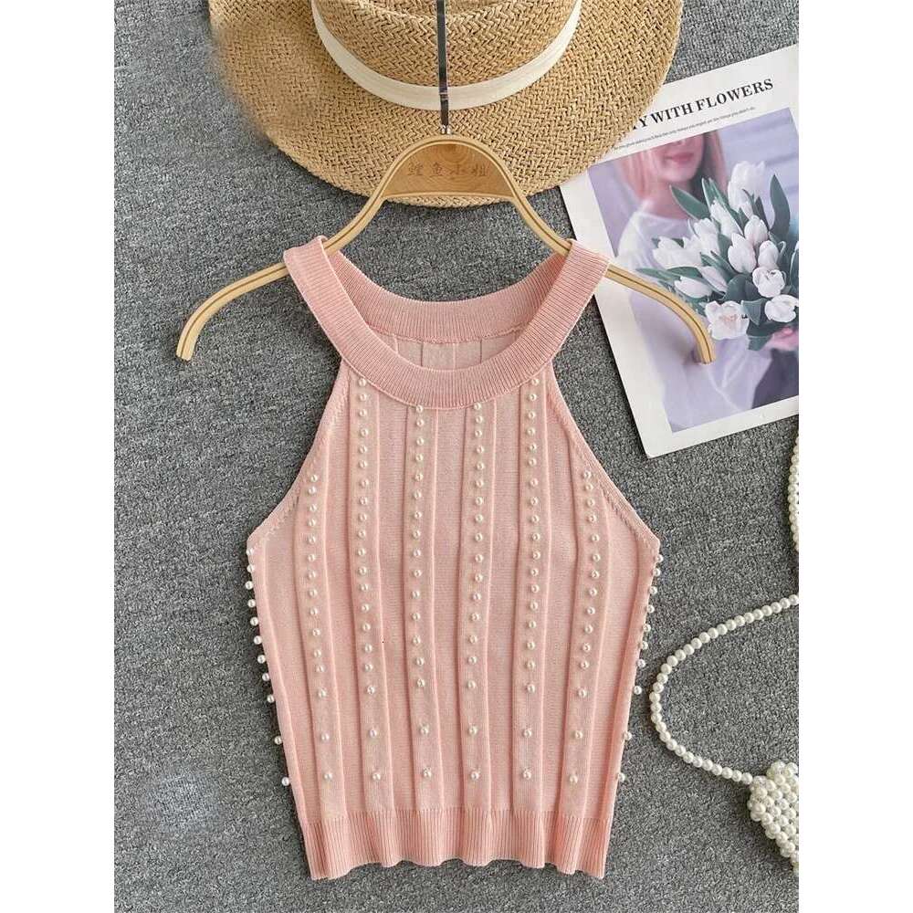 Zik Hekiy Pearls Women Tops Strapless Backless Slim Fit Senior 2024 Korean Style Fashion Streetwear Mini Knitted Tank