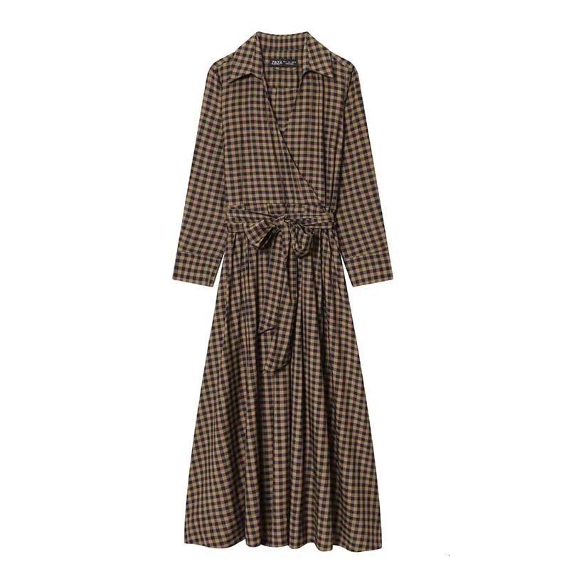 Women Fashion Plaid Shirt Collar Dress Long Dresses With Belt Chic Sleeve Casual Autumn 251110