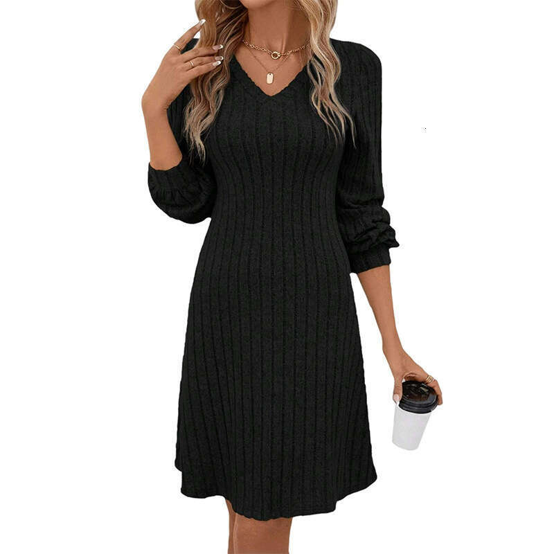 Amazon European and American Cross-Border Trade 2024 Autumn Winter New V-Neck Brushed Ribbed Long Sleeve Dress Top for Women