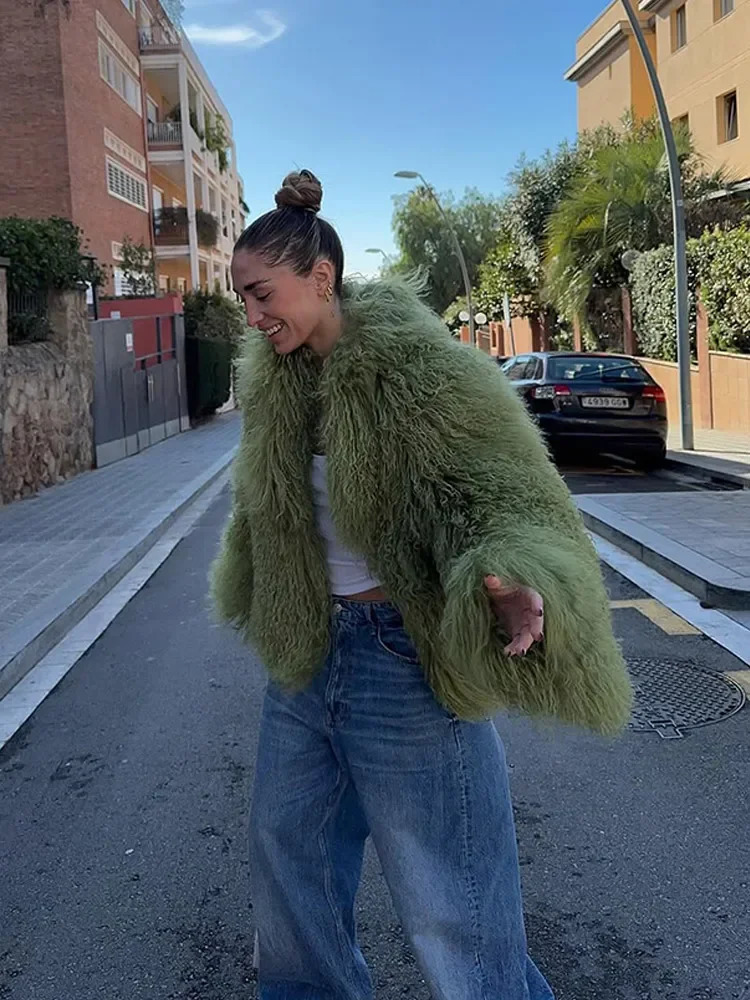 Green y Fluffy Faux Fur Jacket Women Fashion Lapel Long Sleeve Loose Warm Coat Winter Lady High Street Outerwear 251110