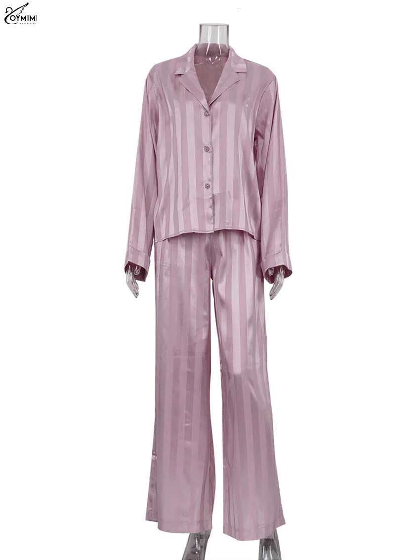 Oymimi Casual Pink Print Women 2 Piece Set Outfit Elegant Lapel Long Sleeve Button Shirts And High Waist Full Length Pants Sets