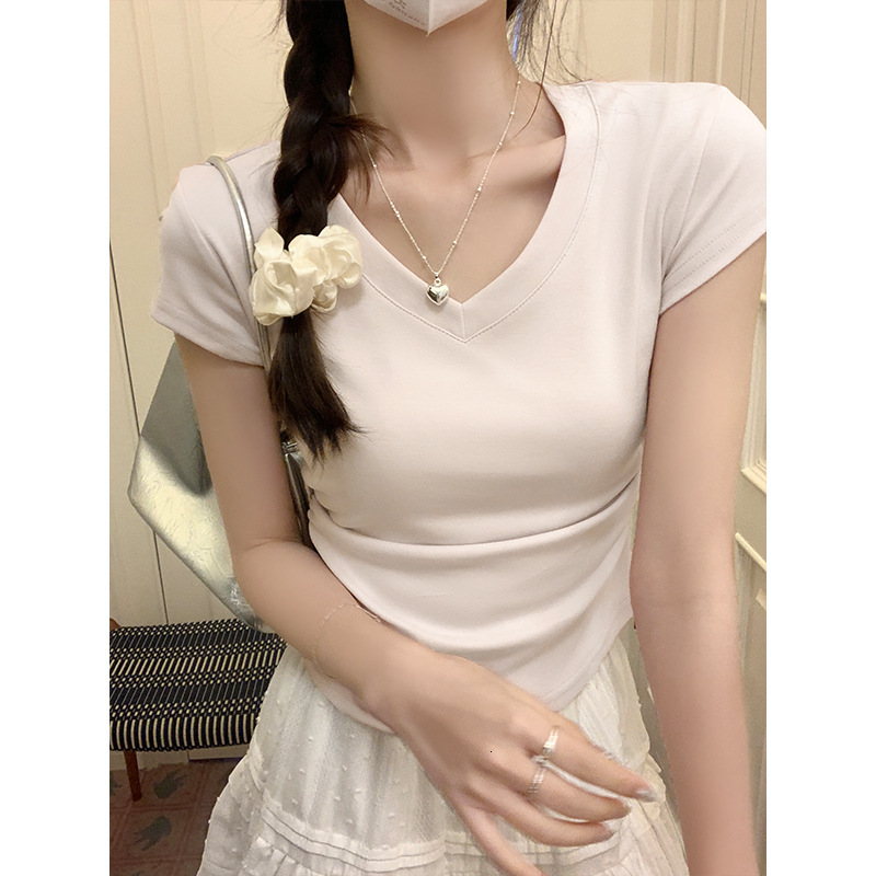 2025S Designer Women S T Shirt American Spicy Girl Solid Color Simple V Neck T Shirt Women S Summer New Short Style Slim Fit Versatile Pullover Studen