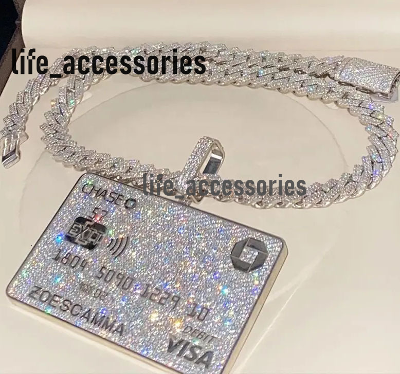White Gold Plated Solid 925 Silver Vvs Moissanite Diamond Iced Out Credit Card Pendant