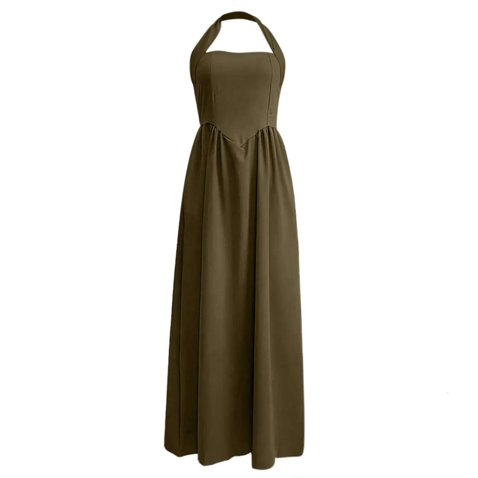 Dongdumaoyi Dongdumaoyi Summer Sleeveless Beach Long Simple Solid Color Halter Hollow Out Women Casual Backless Pleated Holiday Dress