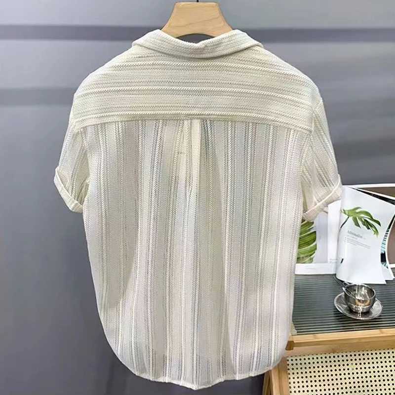 Summer Knitted Hollow Short Sleeve Mens Thin Breathable Trend Ruffle Handsome French Luxury Dress Hawaiian Mens Shirt X250410