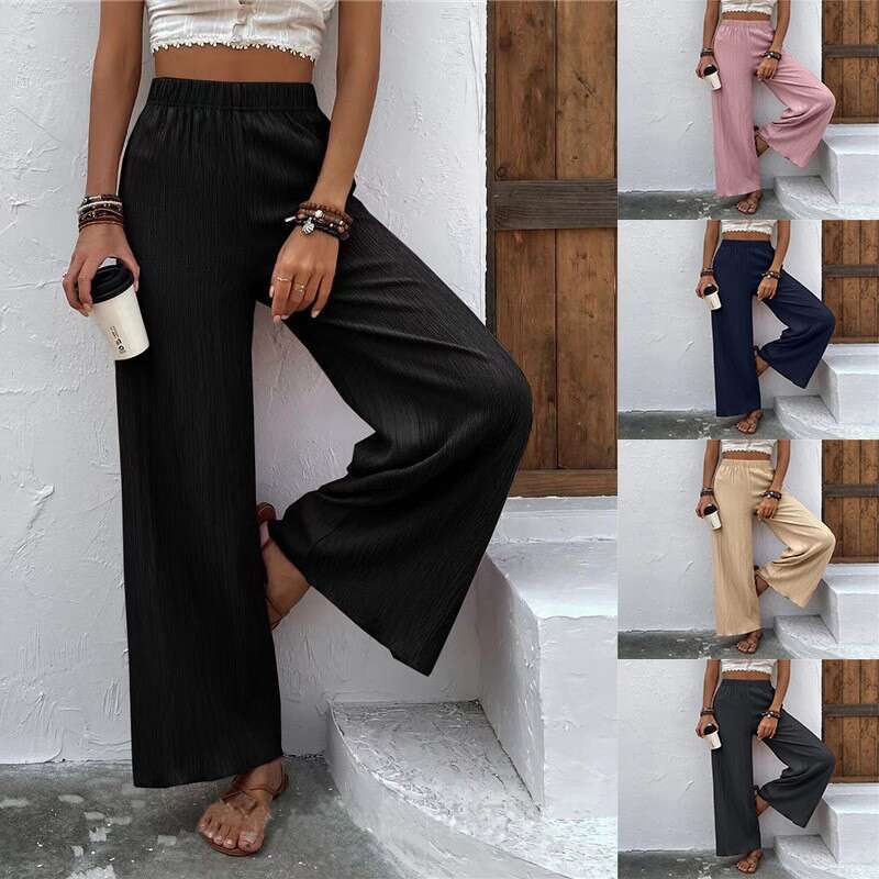 2025 New Foreign Trade Fashion European and American Cross-Border 1688 Women's Casual Loose Slimming Wrinkled Wide-Leg Long Pants