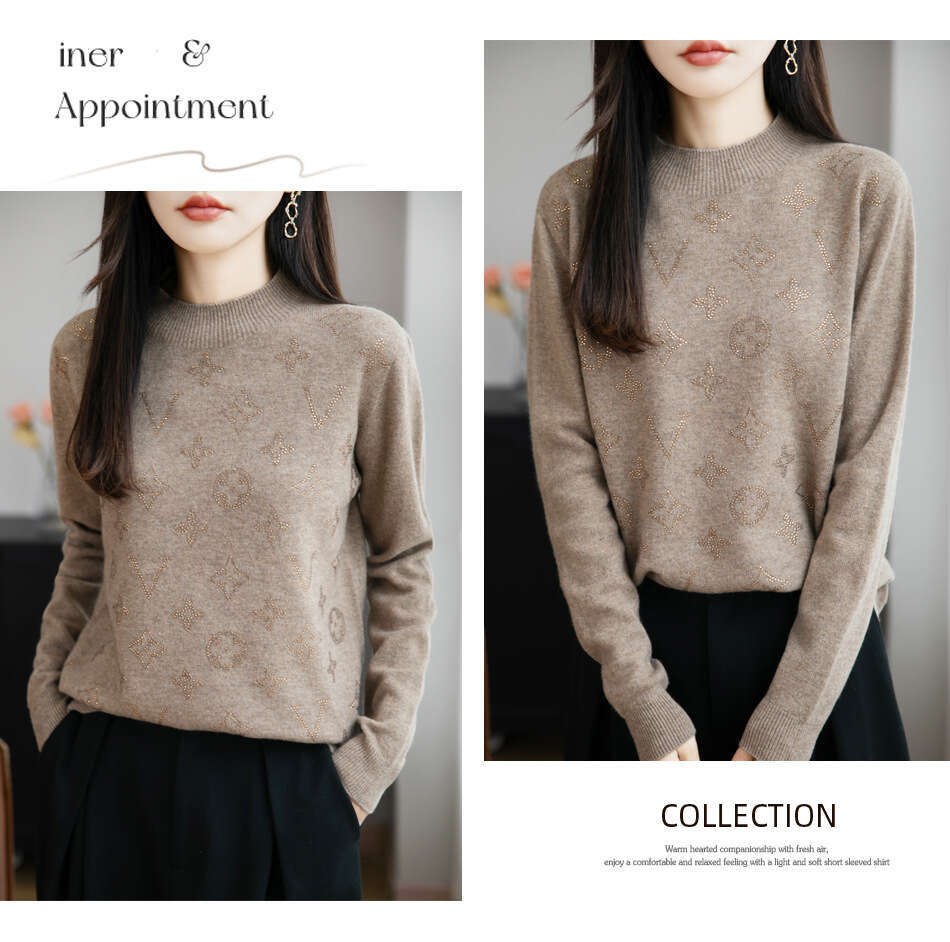 Elegant Knitted Woolen Sweater Half High Collar Slimming Women's Fine Spun Wool Diamond-Encrusted Base Shirt Comfortable Casual