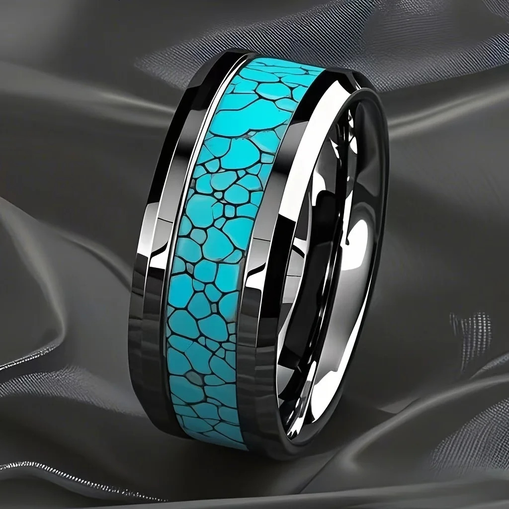 Fashion 8MM Inlay Men Blue Turquoise Rings Beveled Edge Stainless Steel Rings for Men Women Wedding Engagement Band Jewelry Gift 251110