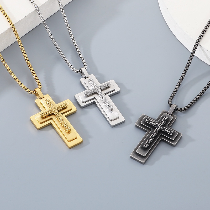 Hip Hop Multi-layer Cross Pendant Necklace Stainless Steel Gold Plated Mens Jewelry