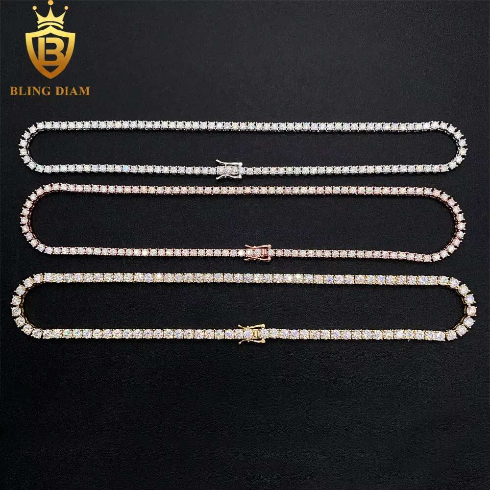 3mm 4mm Necklace Gold Plated Hip Hop Jewelry 925 Sterling Silver VVS Moissanite Diamond Tennis Chain