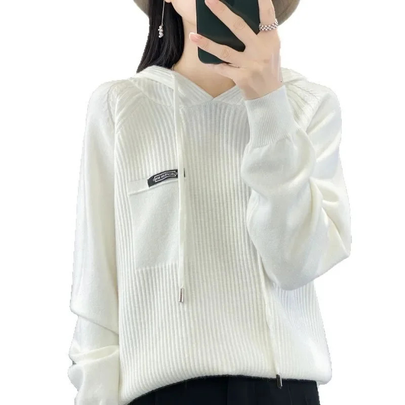 Loose Fit Hooded Long Sleeve Knitted Sweatshirt Womens Korean Style Solid Color Simple Fashionable Sweater Trendy Autumn Sa 251106