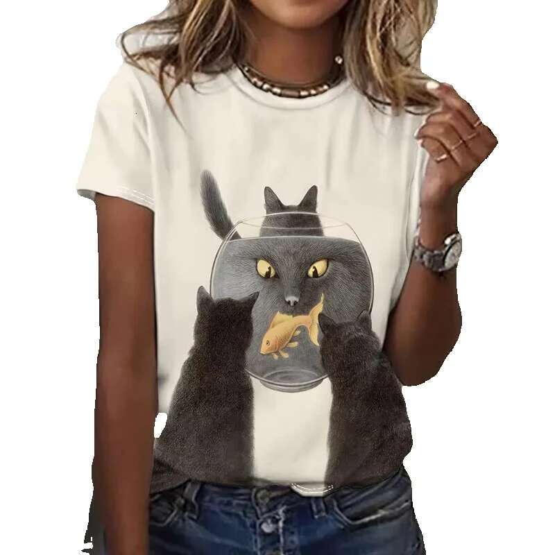 Men's women's short sleeved round neck T-shirts, 3D printed Kawaii cat and dog casual wear