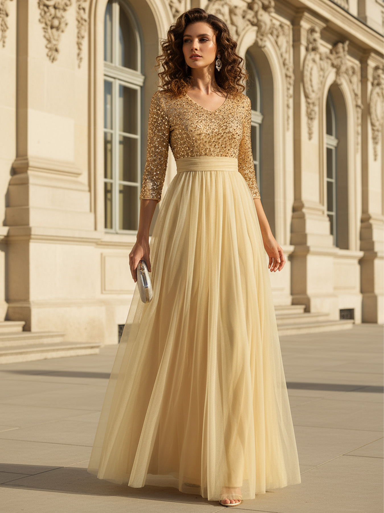 Women's Elegant Glamorous Sequin Tulle Evening Gown, 3/4 Sleeve V-Neck Contrast Color Maxi Dress--D388