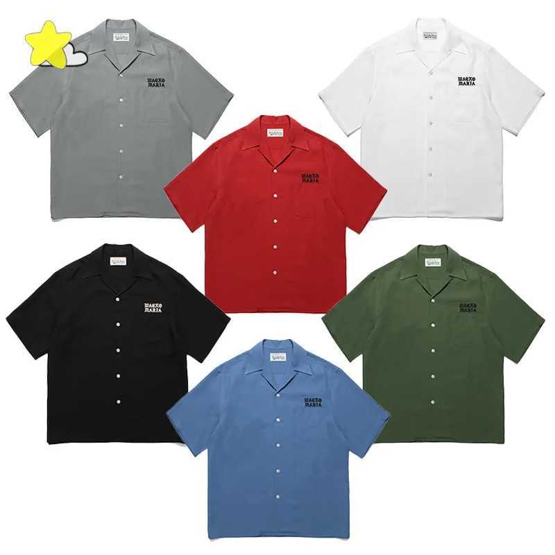 Casual solid color Hawaiian style short sleeved mens classic letter embroidery WACKO MARIA shirt loose top X250410