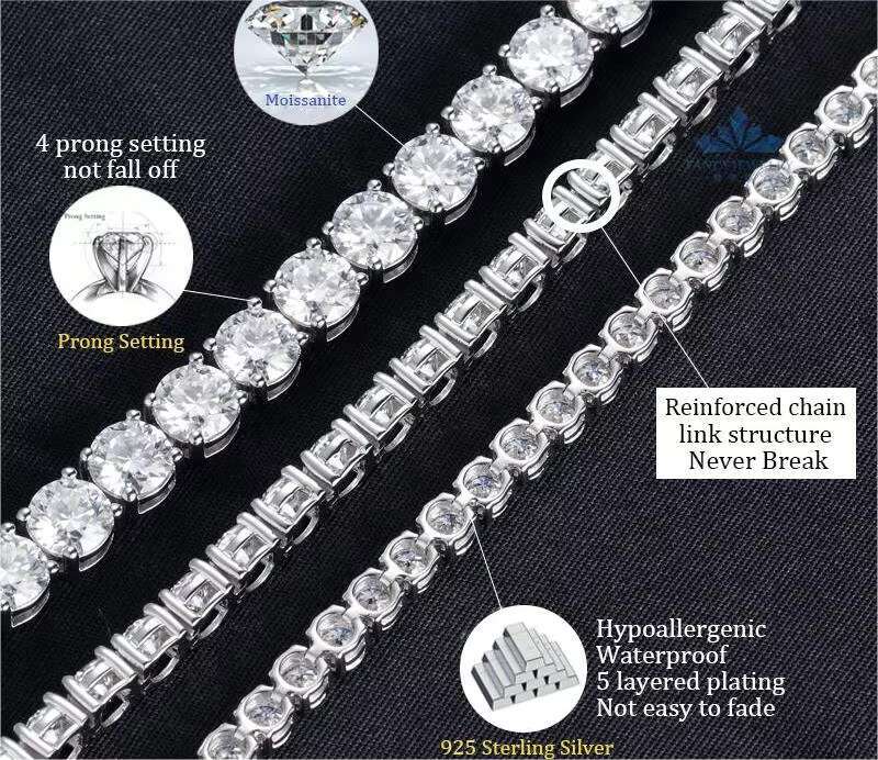 Fine Jewelry Hip Hop 925 Sterling Silver Bracelet Iced Out Tennis Chain Bracelet for Men Women VVS Moissanite Diamond Bracelet