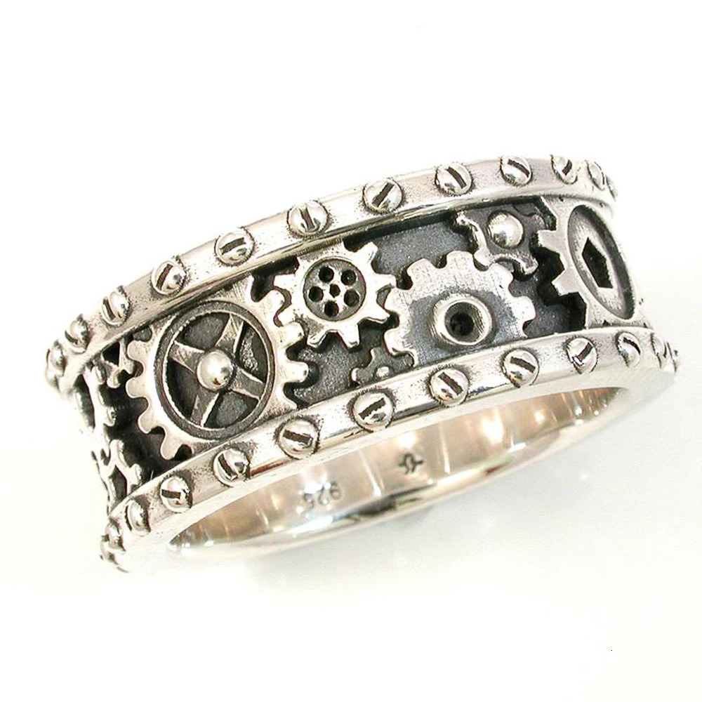 Huitan Handmade Gears Carved Finger Rings Men/Women Antique Silver Color Hiphop Punk Party Ring Personality Unisex Jewelry 251110