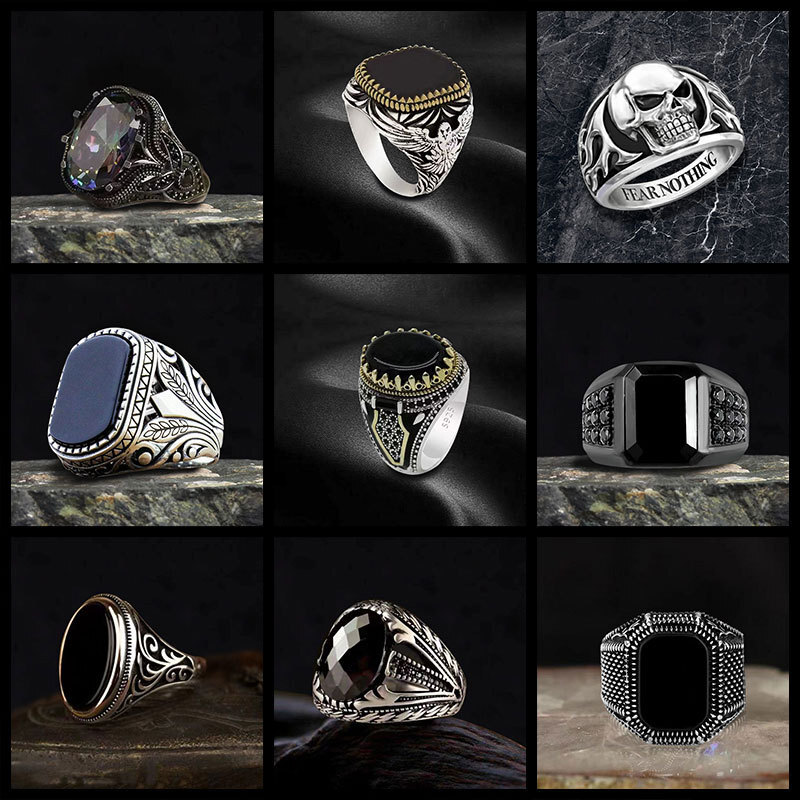 Cross-border Totem Designer Ring Pattern Zircon Ring For Men Punk Dark Trendy Cool European Fashion Ring And American Style Ring Popular Retro Jewelry