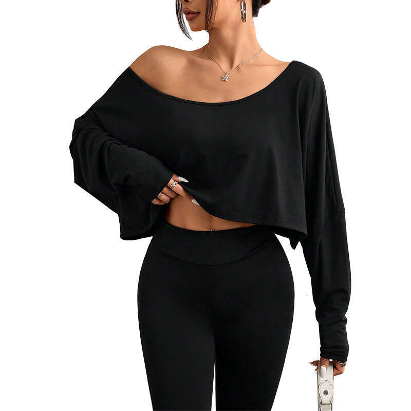 2025 Autumn New Cross-Border Amazon Foreign Trade European and American Style Asymmetrical Long Sleeve T-Shirt Short Off-Shoulder Loose Top for Women