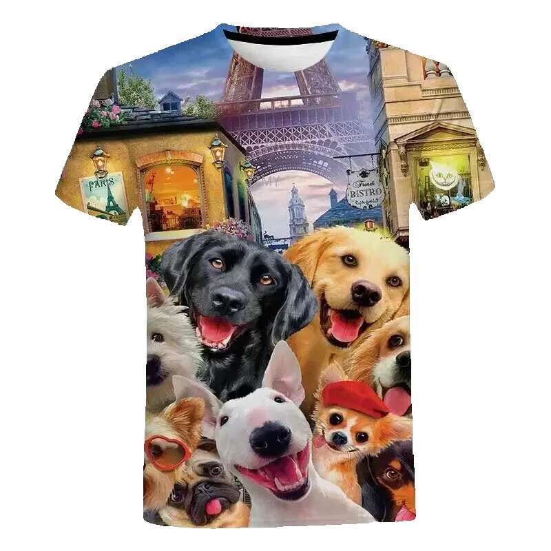 Men's round neck short sleeved T-shirt, casual fun streetwear, printed with cats, dogs and animals