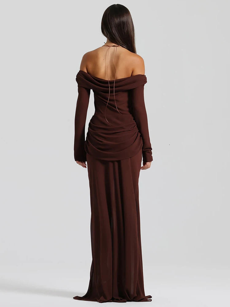 Mozision Hollow Ruffle Sexy Maxi Dress Womens Dress Strap Long Sleeve Strapless Ultra Thin Elegant Long Dress 250409