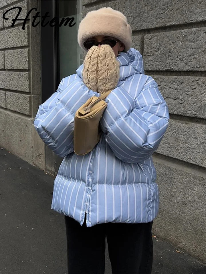 Casual Stripe Womens Padded Jacket Fashion Hooded Zipper Warm Thicken Lady Coats 2025 Autumn Winter Female Street Outwear 251107