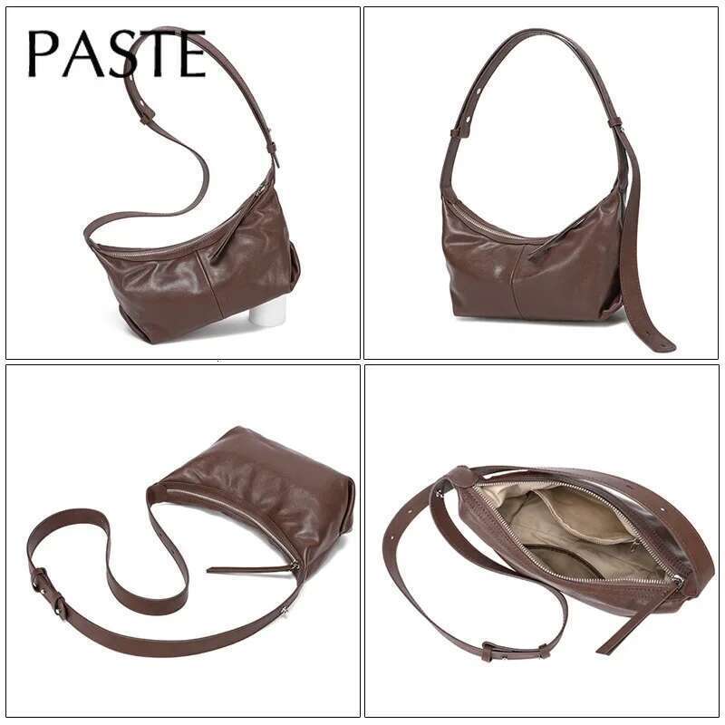 Less Is More Minimalist Style Coffee Color Hobo Tote Vegetable Tanned Cow Leather Women Shoulder Bag Adjustable Handle Handbag