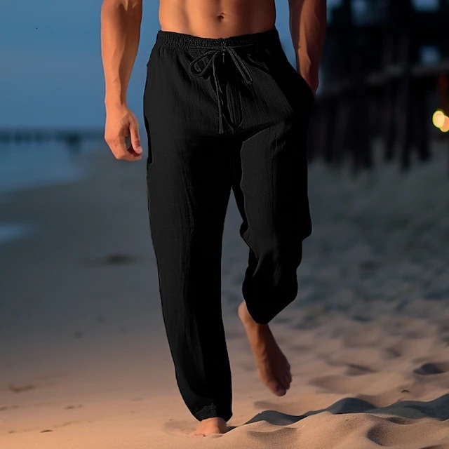 Mens linen pants summer pants beach pants drawstring elastic waist straight tube flat comfortable breathable casual daily wear