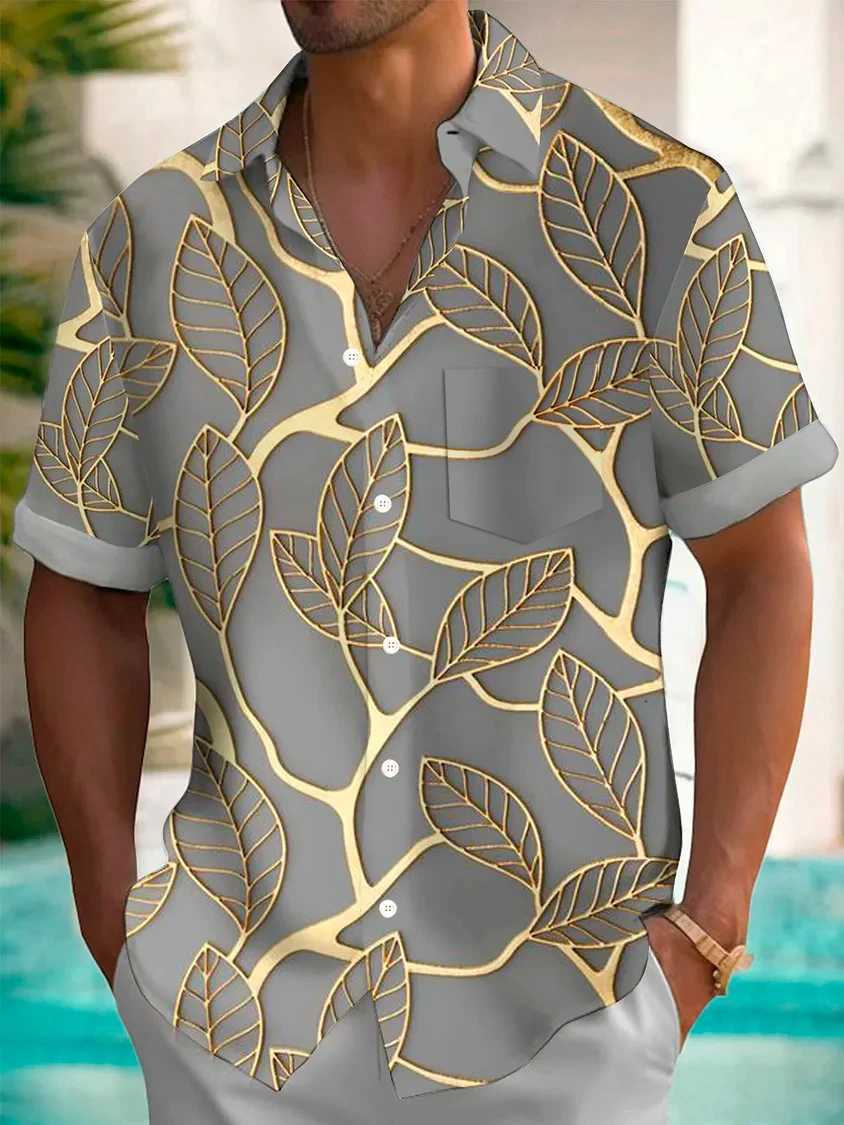 2024 Hawaii Plant Gold Leaf Printed Mens Button Mens Shirt Summer Hawaii Lawn Button Short Sleeve Fashion Street X250410
