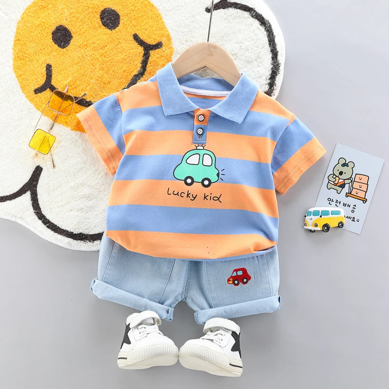 High quality baby boy polo shirthandsome denim shorts 2-piece set childrens and girls clothing summer set 250409