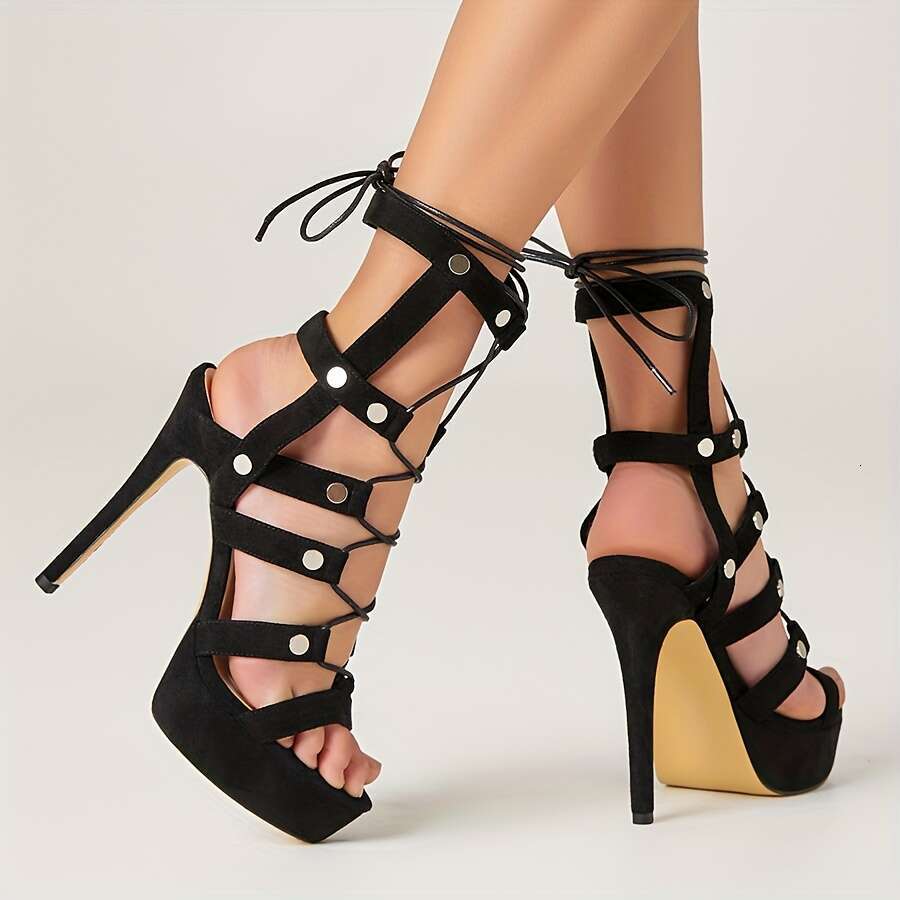 Elegant Black Lace-Up Sandals With Ankle Straps, Open Toe, And Rivet Embellishments - Sexy High Summer Comfort, Rubber Sole, Microfiber Inner, Perfect