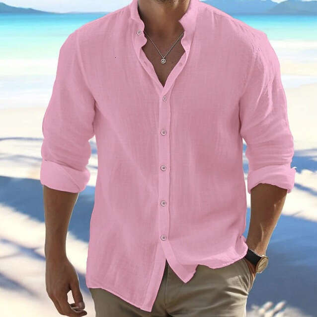 Cross-border Men's Linen Button-up Beach Shirt Long Sleeve Solid Color Stand Collar Spring Summer Casual Daily Clothing