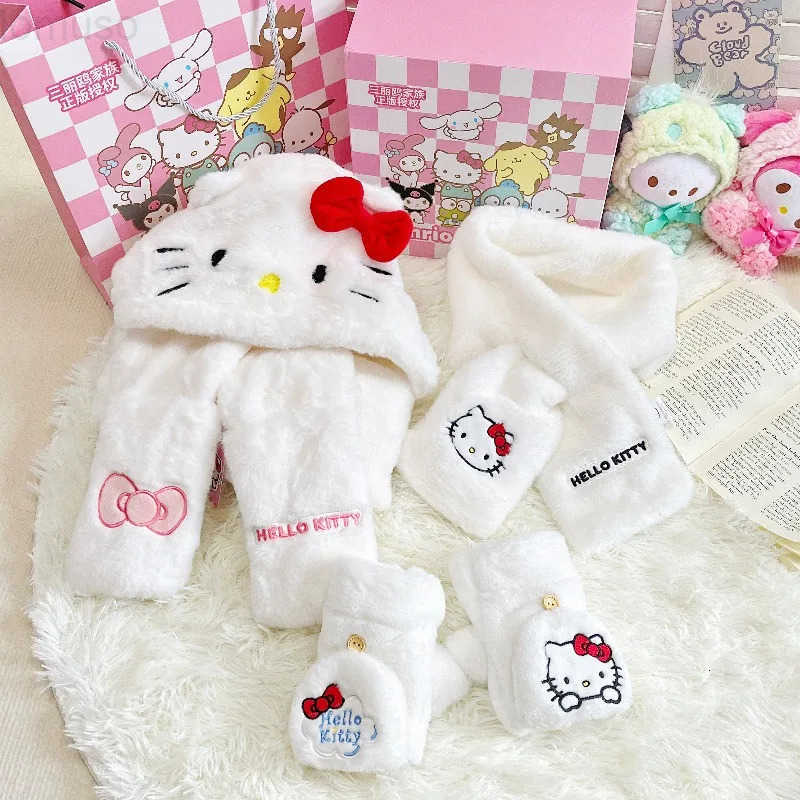 Sanrio Hello Kitty Cartoon Cute Fleece-Lined Warm Hat Scarf and Gloves Creative Kawaii Girl Thickened Warm Student Three-Piece Gift Set H251110