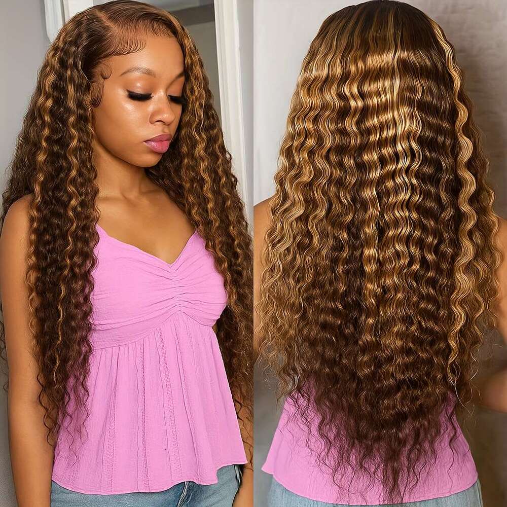 Women's 250% Density Glueless HD Frontal Wig Pre-Plucked Honey Blonde Ombre Highlights Deep Wave Curly Human 13X4 Lace With 4/27 Colored Real Hai