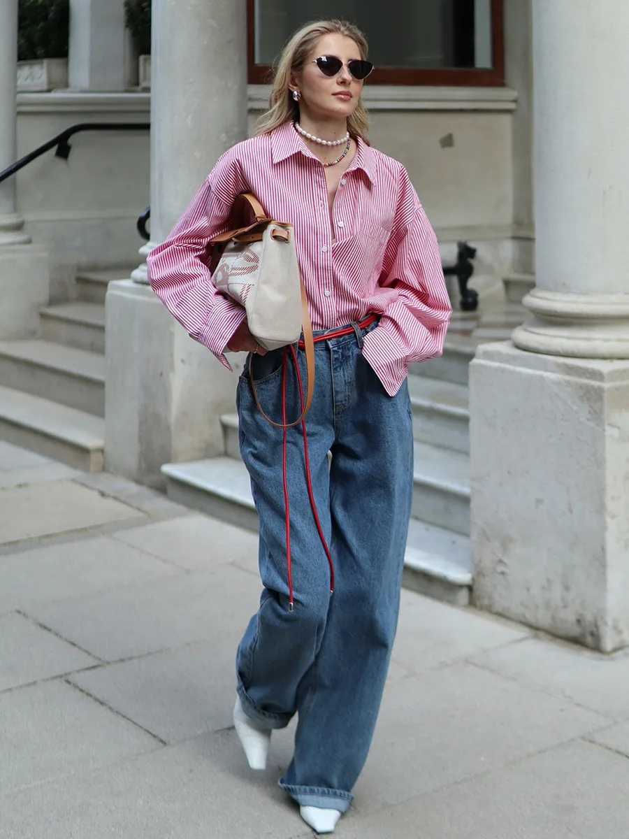 Blubelle Womens New 2025 Autumn Trendy Wide Leg Jeans Loose Straight Leg Floor Length Retro Cotton Jeans C251110