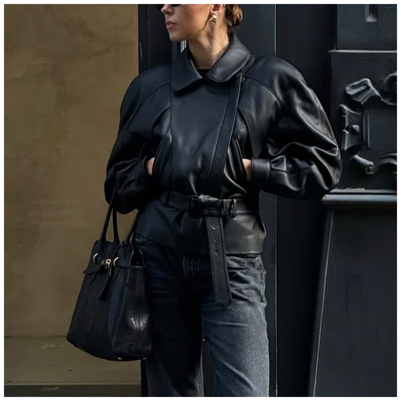 Womens black faux leather belt jacket with a collar trendy and fashionable autumn winter coat 251106