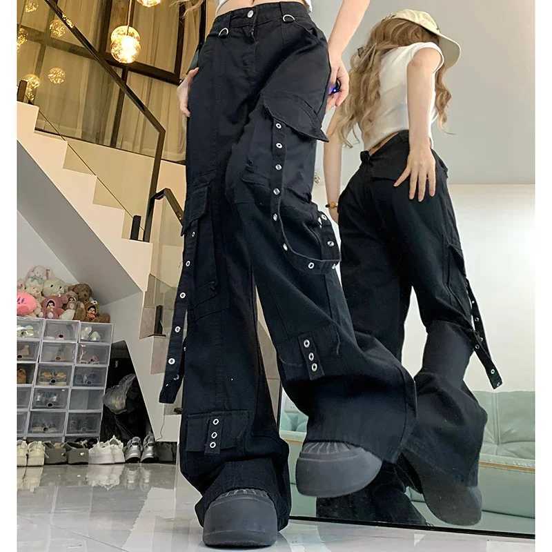 Female Loose Oversized Cargo Pants Woman High Waist American High Street Wide Leg Jeans Lady Black Denim Straight Leg Trousers C251110