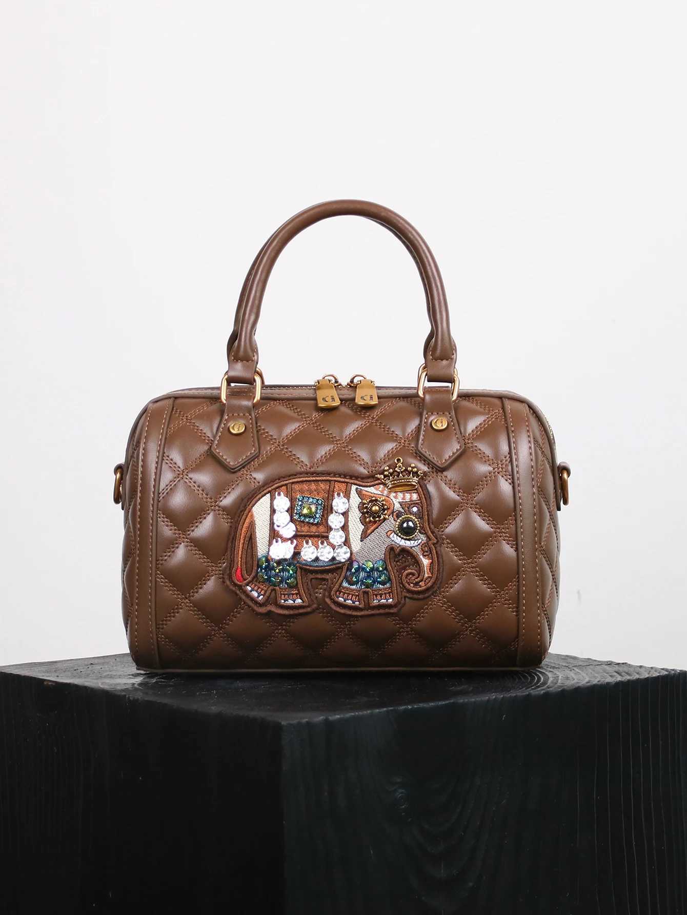 2025 fashion trend new retro heavy industry niche design elephant pattern embroidery Boston pillow bag exquisite Joker bowling r K251110