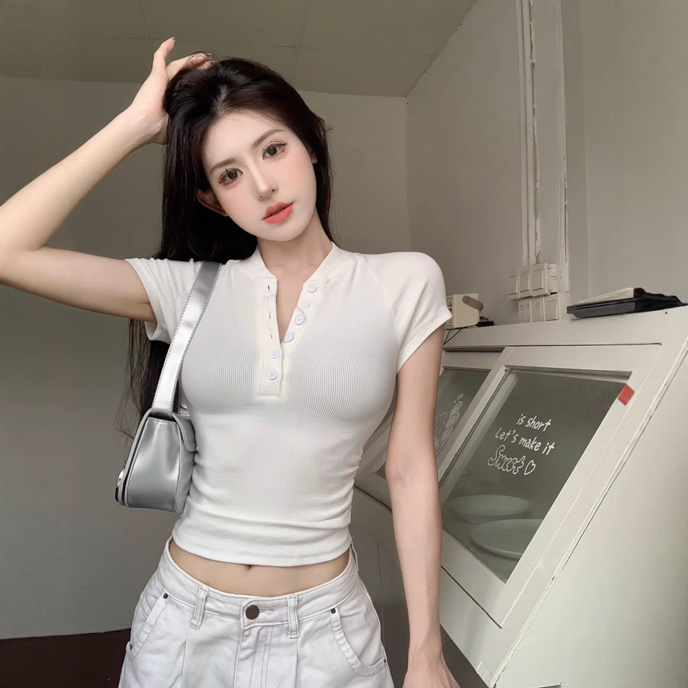 2025S Designer Women S T Shirt Summer New American Button Half Open Collar Sleeved T Shirt For Women Slim Fit Folded Short Bottom Shirt Trendy