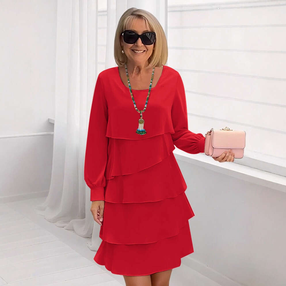 2025 Amazon Foreign Trade Autumn Fashion Cake Women's Elegant Loose Slimming Round Neck Long Sleeve Dress