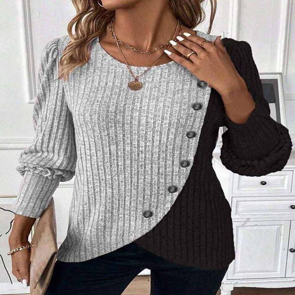 2024 New Cross-Border Trade European American Women's Z Round Neck Color Block Ribbed Cross Hem Long Sleeve Spring and Autumn Knitted T-Shirt