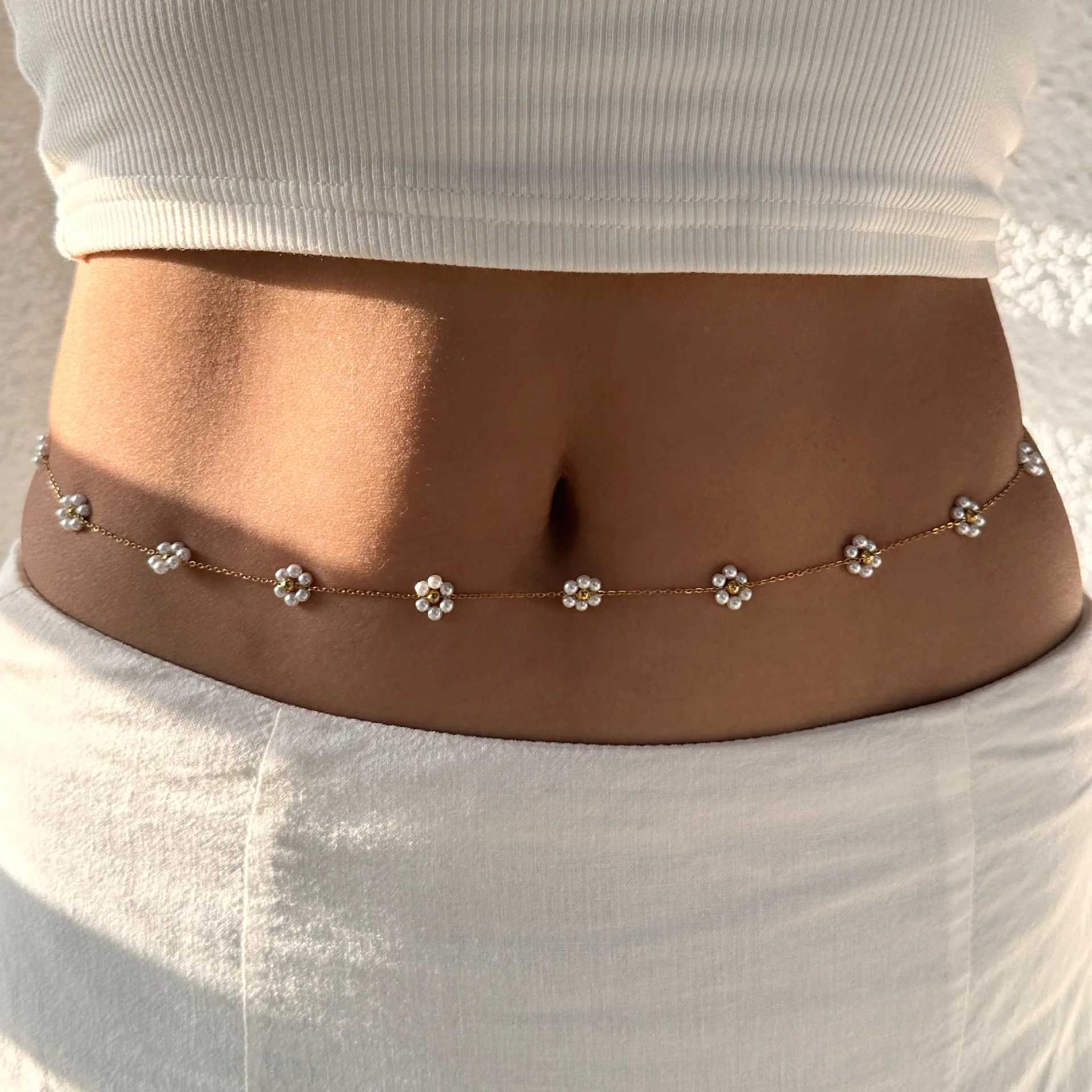 Punk round white stainless steel waist chain trend bohemian rhinestone belly chain warm and sexy beach bikini body jewelry X250410