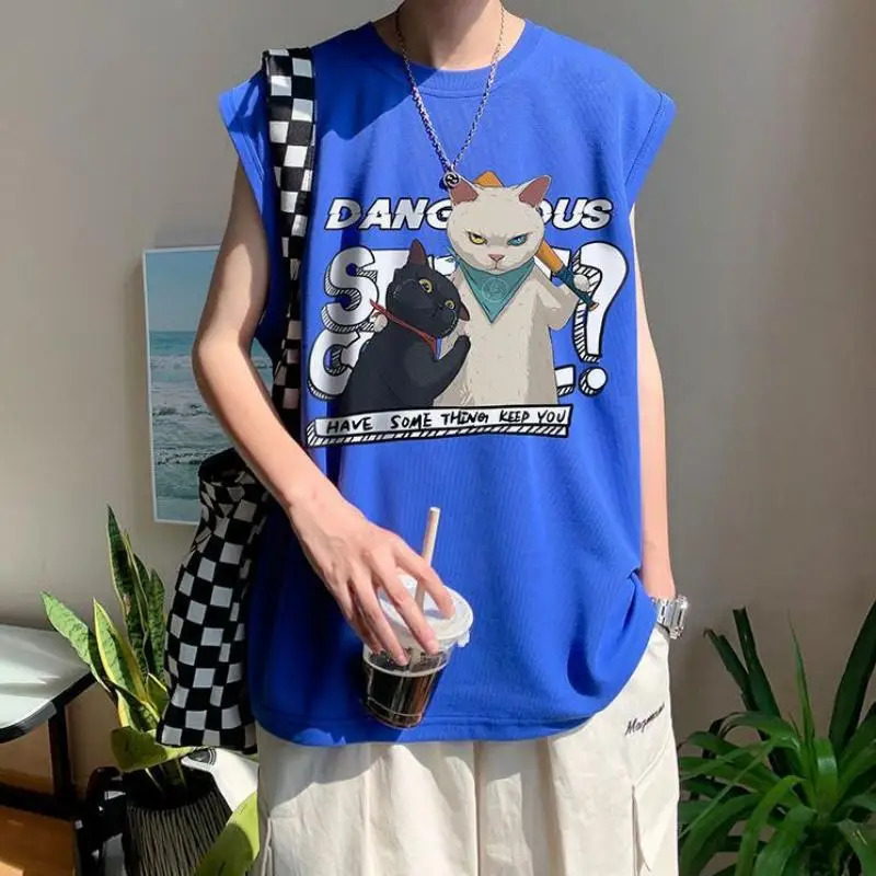 Summer fashion casual printed sleeveless vest mens fitness sleeveless T-shirt beach vest loose cotton T-shirt 250408