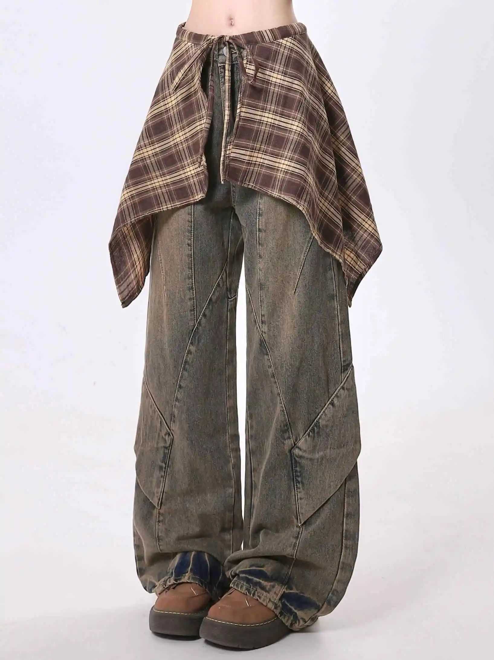 Women Blue Y2k Jeans with Skirt Harajuku Vintage Baggy Denim Trousers Japanese 2000s Style Oversize Jean Long Pants Clothes New C251110