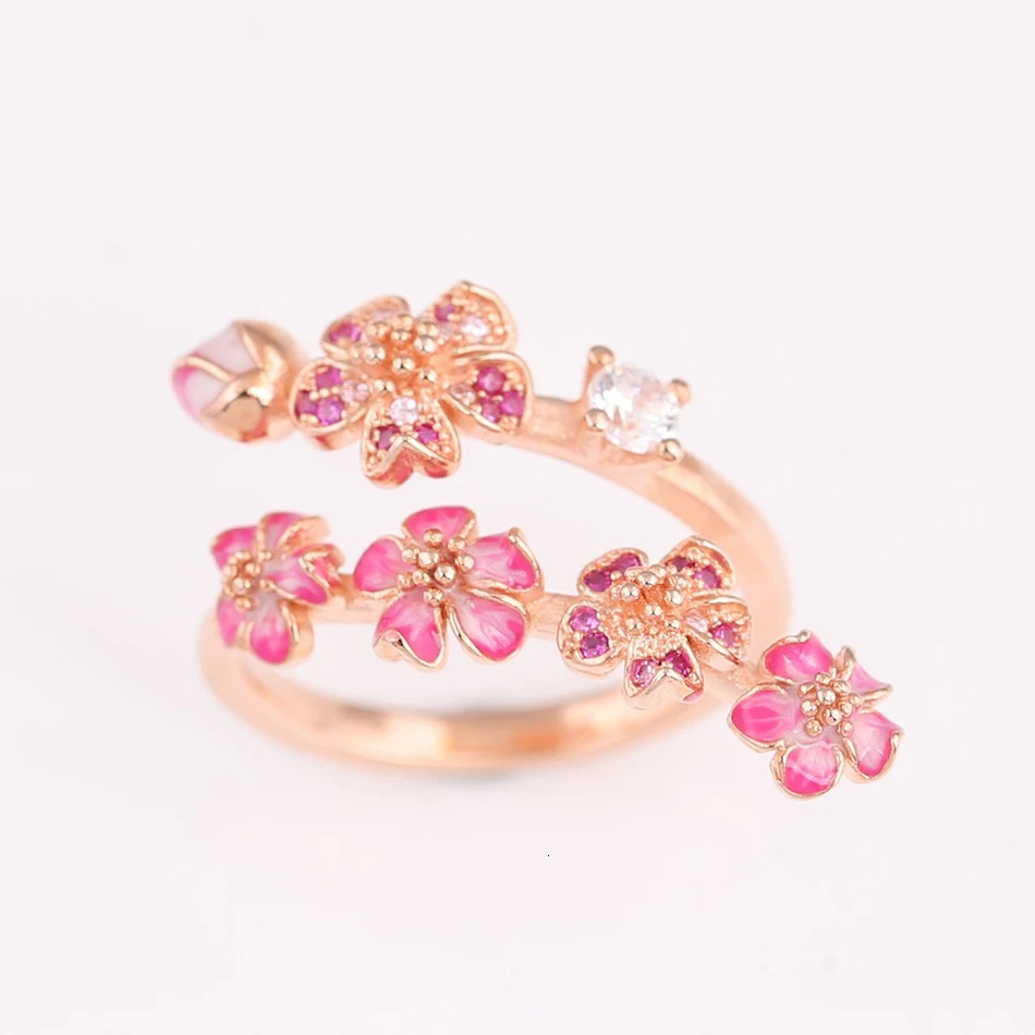 S925 Silver Rose Enamel Peach Blossom With Crystal Ring For Women Wedding Party Gift fit Lady Fine Jewelry 251103